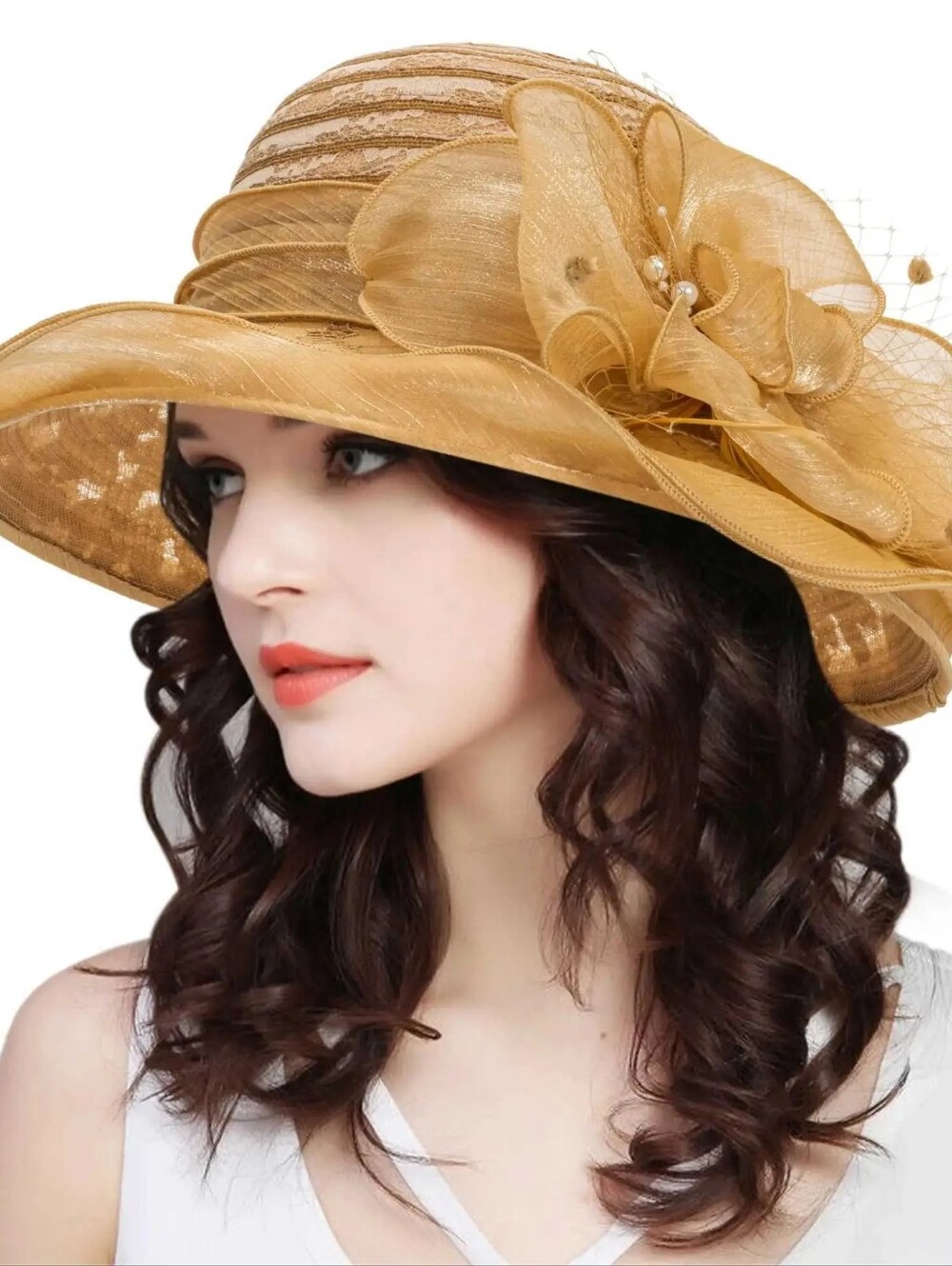 Women's Wide-Brim Floral Dress Hat in Gold